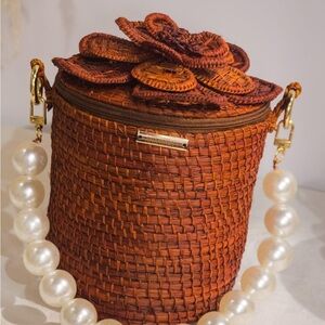 Handcrafted Brown Woven Bag with Pearl Strap